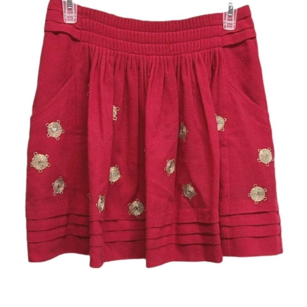 Leifisdottir Mini Skirt Womens Size 2 Wool‎ Pleated Red Gold Silk Lined